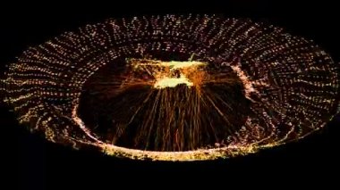 Generative motion art of peach, cherry red, and platinum light waves morphing into curling strands, futuristic abstract tunnel.