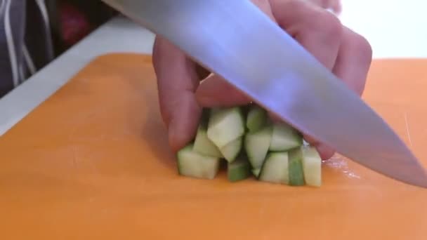 Work Kitchen Cook Cuts Cucumber Knife — Vídeo de Stock
