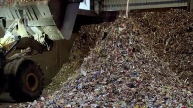 Trash disposal for recycling and re-use. Bulldozer at garbage hangar. Waste sorting hangar with Bad quality organic waste with an admixture of plastic. Garbage falls into a pile before sorting.