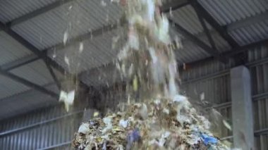 Hareket eden bir taşıyıcıda çöp. Wast Geri Dönüşüm Tesisi. Kötü kalitede organik atık tasnif edilmeden önce çöp yığını haline gelir.. 