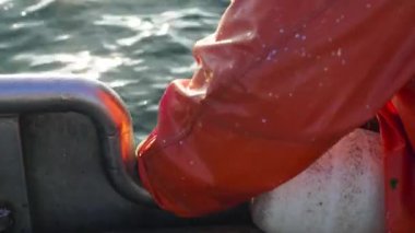 Baltık Denizi 'nde bir balıkçı balık tutuyor. Yuvarlak goby, Neogobius melanostomus Baltık Denizi 'nde balık tutuyor. Turuncu elbiseli bir balıkçı tekneye balıkçı ağı çekiyor. Yüksek kaliteli 4k ProRes görüntüleri