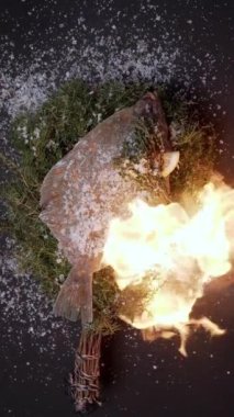 Koyu bir arka planda taze bir dil balığı, ardıç dallarına yerleştirilir ve tuz serpiştirilir. Dikey yavaş çekim videosu. Yüksek kaliteli görüntüler