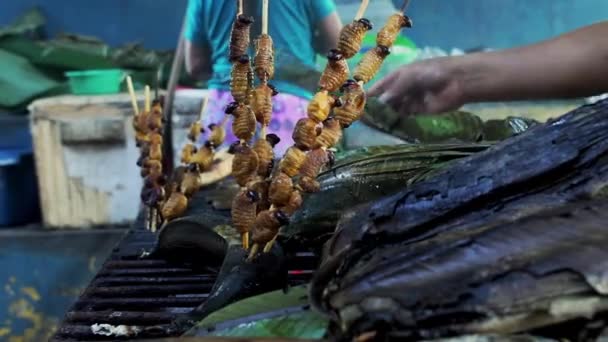 烤棕榈幼虫在绞架上 厄瓜多尔的街头食品 弗朗西斯科德奥列拉纳港 Puerto Francisco Orellana 又名El Coca 优质Fullhd影片 — 图库视频影像