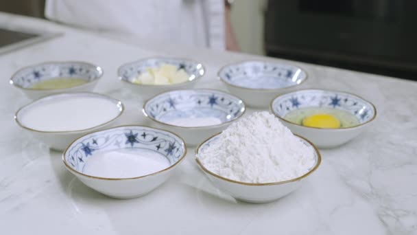 Ingredients Pancake Batter Placed Bowl Eggs Sugar Flour Baking Powder — Stock Video