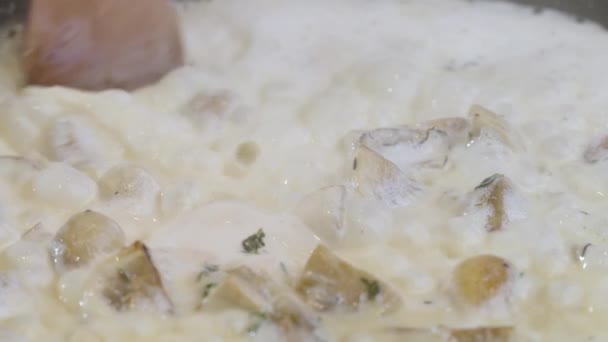 Molho Cozinha Para Espaguete Massa Molho Branco Cremoso Fervente Massa — Vídeo de Stock