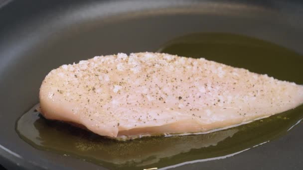 Preparación Alimentos Filete Pechuga Pollo Espolvoreado Con Sal Pimienta Freír — Vídeo de stock