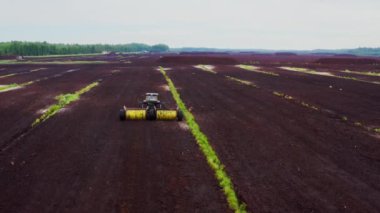 Turba çıkarma tarlaları hava görüntüsü. Bataklığın boşaltılmış alanları turba çıkartma için kullanılır. Tekerlekli traktör turbayı gevşetiyor. Yüksek kalite 4k görüntü