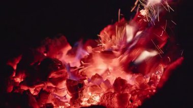 Geceleri parlayan kömürlerle dolu bir kamp ateşine yakın çekim yapan bir adam ateşe yanan kömürleri karıştırıyor. Sesli video. Yüksek kalite 4k görüntü