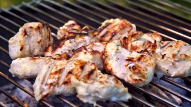 Izgarada kızartılmış altın tavuk parçaları. Yavaş çekim 100 fp. Yüksek kaliteli FullHD görüntüler