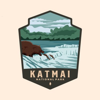Katmai Ulusal Park logo vektör yaması illüstrasyon tasarımı, Alaska amblem tasarımı