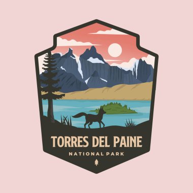 Torres del Paine Ulusal Parkı amblem yaması logo vektör çizimi tasarımı, Şili 'nin Patagonya amblem tasarımı