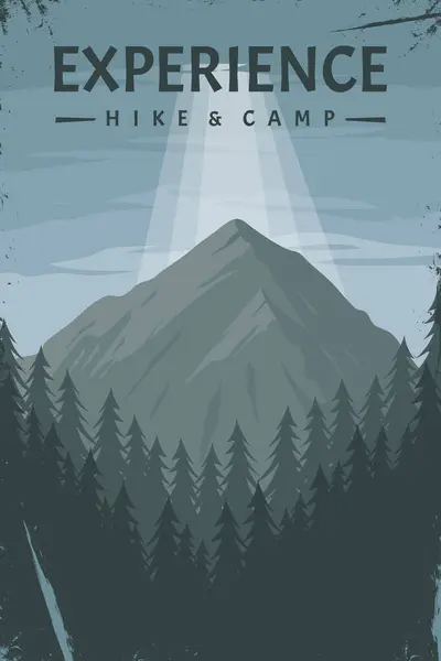 Kozalaklı orman posteri tasarımı olan dağ, gece mahsulünde yaz kampı posteri.