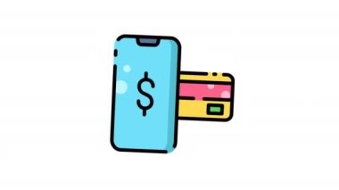 Cep telefonunda kredi kartıyla dolar işareti var. Finansal uygulamalar, ödeme sistemleri, dijital cüzdanlar, ecommerce web siteleri, bütçe araçları için uygun. animasyon simgesi tasarımı