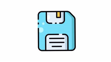 Mavi ve sarı disket simgesi animasyonu. Dijital depolama kavramları, retro teknoloji tasarımları ve bilgisayar yazılım projeleri için uygun mavi ve sarı disket simgesi.