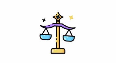 Astroloji terazisinin mavi kaseli altın pulunun animasyonu uyum ve dengeyi sembolize eder. Yıldız falı siteleri, ruhani bloglar ve refah içeriği için ideal.