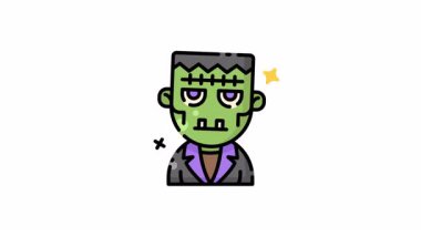 Cadılar Bayramı eğlencesi. Mor takım elbiseli yeşil derili Frankenstein çizgi filmi. Şenlikli grafik tasarımlar ve parti davetiyeleri için mükemmel..