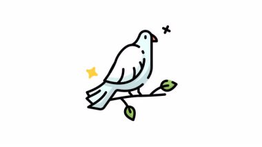 Barış, doğa, maneviyat veya grafik tasarım, makaleler veya sosyal medyada hayvanlarla ilgili kavramlar için uygun bir dala tünemiş beyaz güvercin animasyonu.