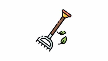 Rake 'in animasyonu ve rüzgarda esen iki yaprak. Sonbahar temalı tasarımlar, bahçe işleri illüstrasyonları veya sonbahar temalı sosyal medya gönderileri için uygundur.