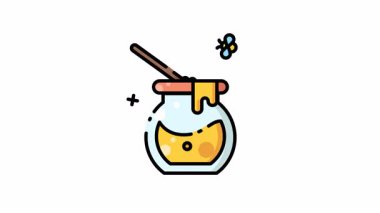 Kavanoz dolusu bal, dipper ve arı. Yemek ve doğal tasarım için uygun. Tatlı ve doğal elementler. Markalaşma ve ürün ambalajlama için ideal. simge canlandırma videosu