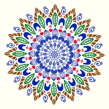 Circular ornament from various decorative elements of different colors in Indian style