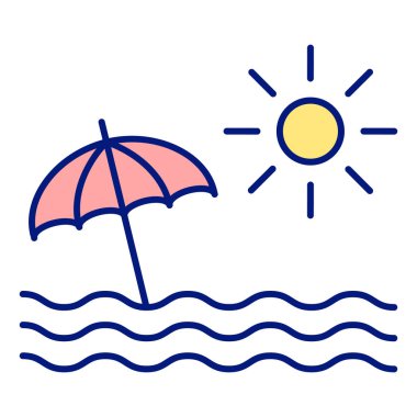 Summer, seascape with sea, umbrella and sun - icon, illustration on white background, color style