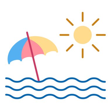 Summer, seascape with sea, umbrella and sun - icon, illustration on white background, flat color style