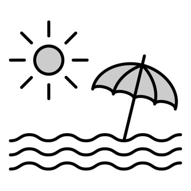 Summer, seascape with sea, umbrella and sun - icon, illustration on white background, grey style