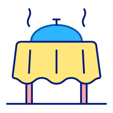 Evening dinner, table with tablecloth, hot food under domed cover - icon, illustration on white background, color style