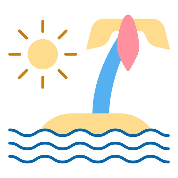 Desert island with a palm tree in the middle of the ocean, waves and sun  - icon, illustration on white background, flat color style