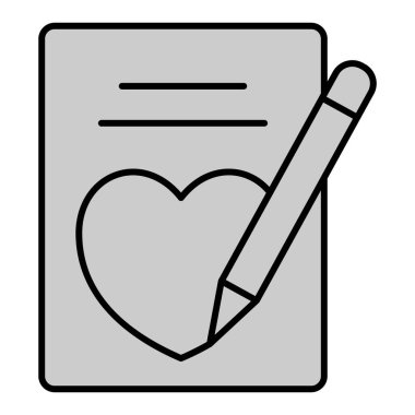 Aşk mektubunun üzerine kalemi olan bir kalp çizmek - simge, beyaz arkaplanda resim, gri stil