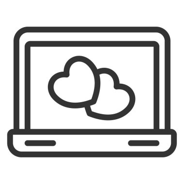 Bir dizüstü bilgisayarda iki kalp - simge, beyaz arkaplanda illüstrasyon, taslak biçim