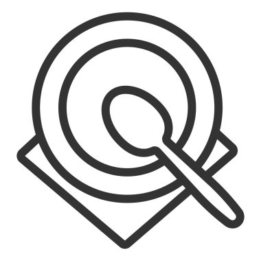 Kaşık ve peçeteli yemek tabağı - simge, beyaz arkaplan üzerinde illüstrasyon, taslak tarzı