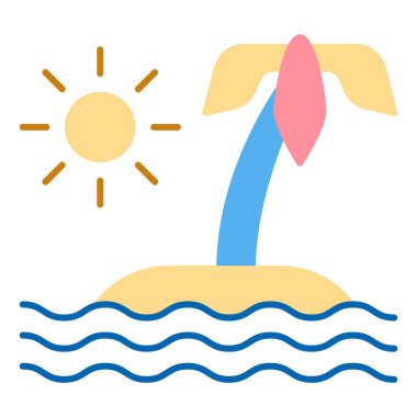Desert island with a palm tree in the middle of the ocean, waves and sun  - icon, illustration on white background, flat color style
