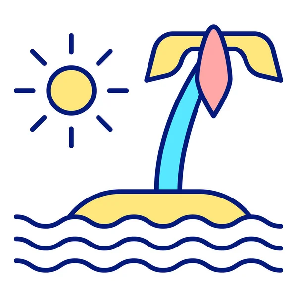 Desert Island Palm Tree Middle Ocean Waves Sun Icon Illustration - Stok Vektor