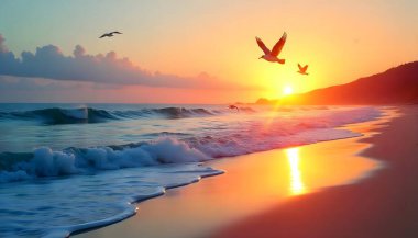 Sahilde gün batımı sahnesi. Dalgalar yumuşak ve kuşlar uçuyor. Altın saatinde huzurlu okyanus manzarası.