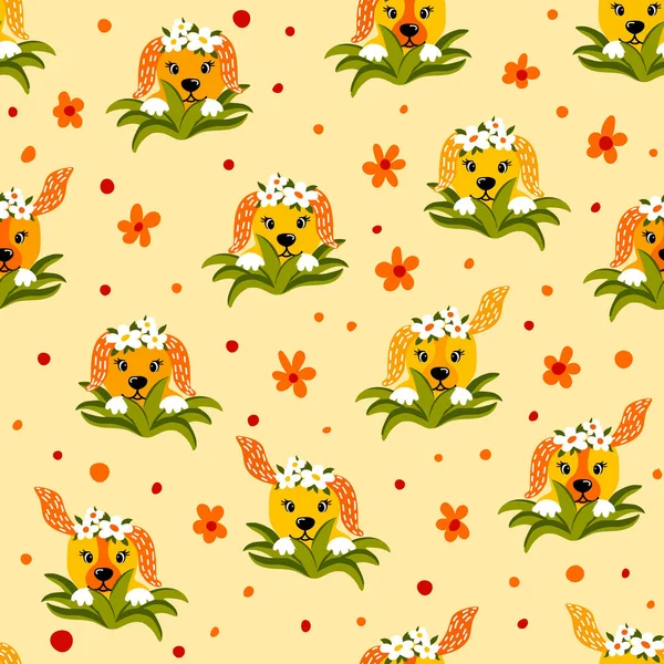 Yaratıcı, sevimli, kusursuz desenli, çiçekli bir köpek portresi. Bebek tekstil ürünleri, kumaşlar, tasarım, dekor, hediye paketi, kağıt, bebek partisi, tebrik kartı, not defteri, koleksiyon defteri .