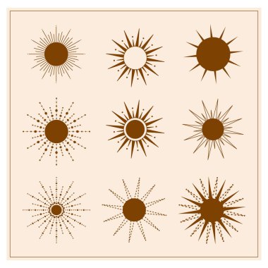 Logo dizaynı- güneş. Boho biçiminde doğrusal simgeler ve semboller kümesi.