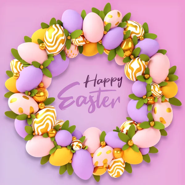 3D render Wreath with easter eggs.Festive Happy Easter background. Festive design with realistic decorations .