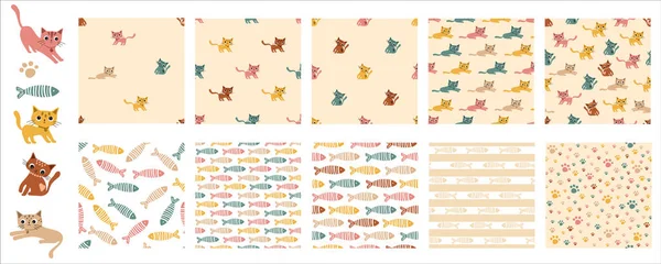 Collection of seamless patterns. Cute playful cats in pastel colors in different poses.For printing baby textiles