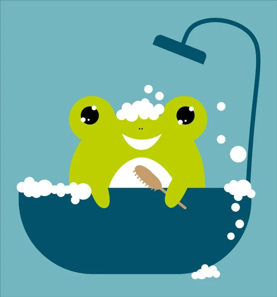 Cute Frog Toothbrush Takes Bubble Bath — Vettoriale Stock