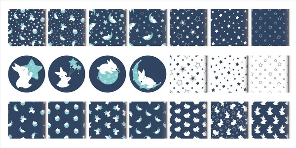 Set of cute seamless patterns. Bunny in stars. Textile print for little baby girl or boy .