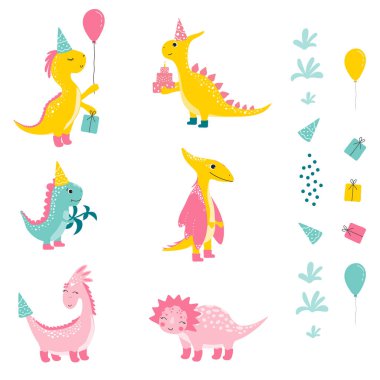 set elements with cutes dinosaur, baby shower greeting card. For Print kids bedding, fabric, wallpaper, wrapping paper, textile, t-shirt print.