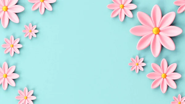 pink flowers on blue background. Festive design with realistic decor 3D elements. Banner, web poster, flyer cover, stylish brochure, postcard