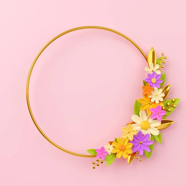 Egy Csokor Fényes Virág Kerek Karikán Rózsaszín Alapon — Stock Fotó