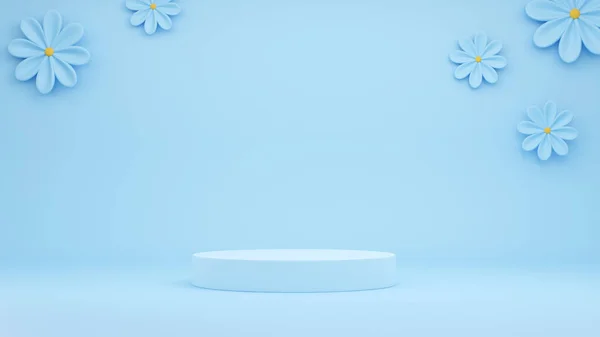 Çiçekli gerçekçi mavi ürün podyumu.