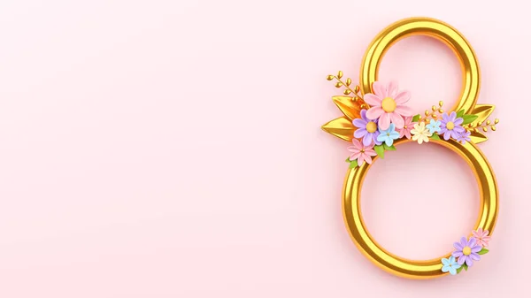 Arkaplanda 8 numara ve pastel çiçeklerle ulusal kadınlar günü için altın var.