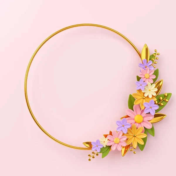 Anneler Günü ya da kadınlar günü için altın bir yüzükle çiçek ve yapraklarla dolu 3D şenlik arka planı. Metin için boş.