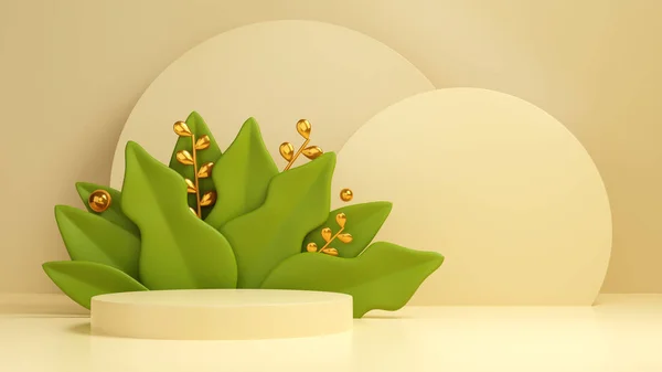 Geometrik formlarla soyut asgari sahne. Yeşil yapraklı silindir podyum i. ürün sunumu, modelleme, gösteri ürünü, podyum. 3d