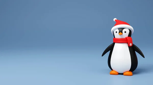 Cute penguin in a snow cap on a blue background.