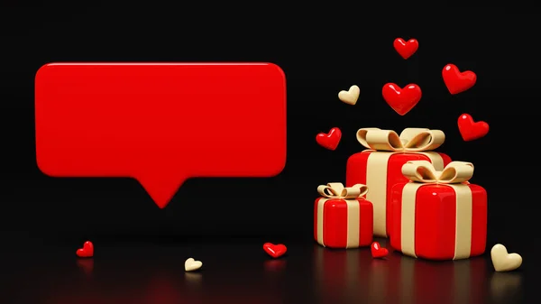 Red gift box and speech bubble with love on black background.